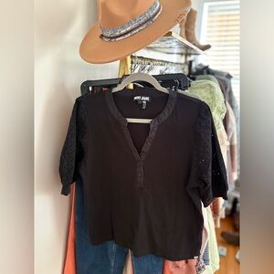 Dkny Black Short-Sleeve Henley with Eyelet Sleeves